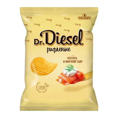 Изображение товара Чипсы рифленые Лосось и мягкий сыр Dr. Diesel 120г Изображение товара Чипсы рифленые Лосось и мягкий сыр Dr. Diesel 120г