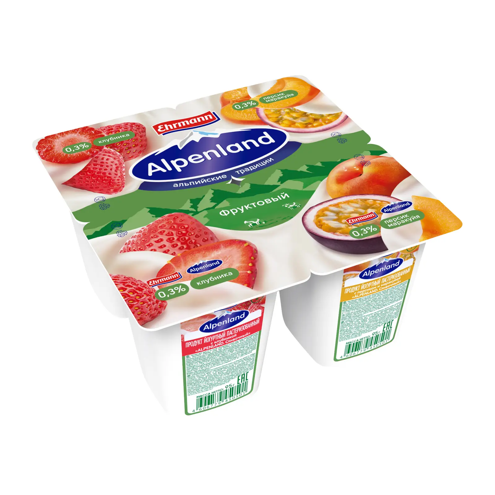 Продукт йогуртный Alpenland Клубника <b>персик</b> маракуйя 0.<b>3</b>% 95г.