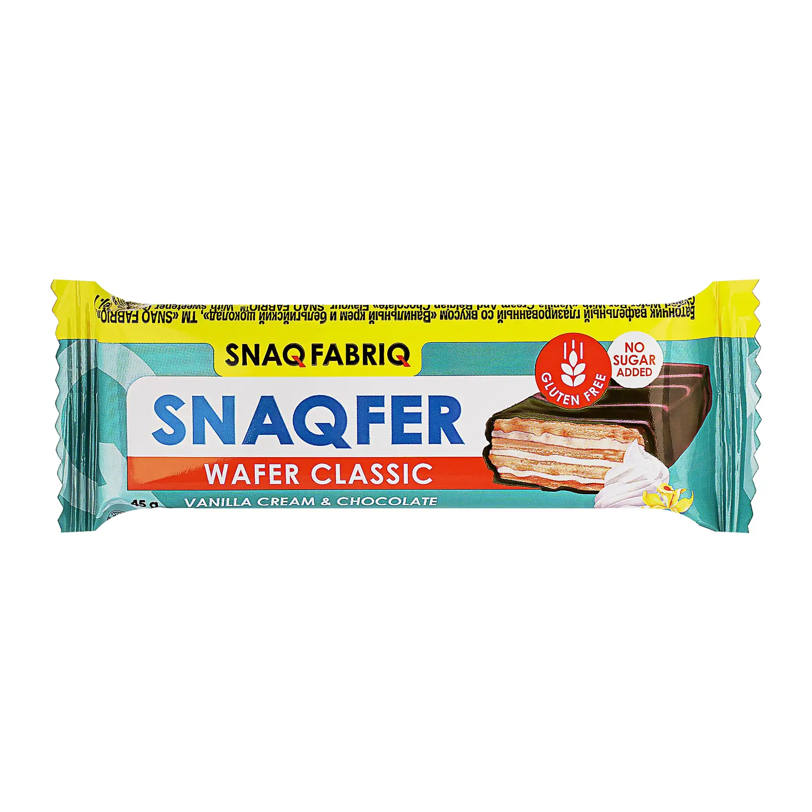 Изображение товара Батончик Snaq Fabriq вафельный глазированный со вкусом ванильного крема и бельгийского шоколада без сахара 45г