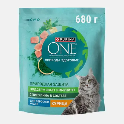 Сухой корм для взрослых кошек с курицей и спирулиной Purina ONE 680г