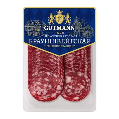 Изображение товара Колбаса Брауншвейгская сырокопченая в нарезке Gutmann 130г Изображение товара Колбаса Брауншвейгская сырокопченая в нарезке Gutmann 130г