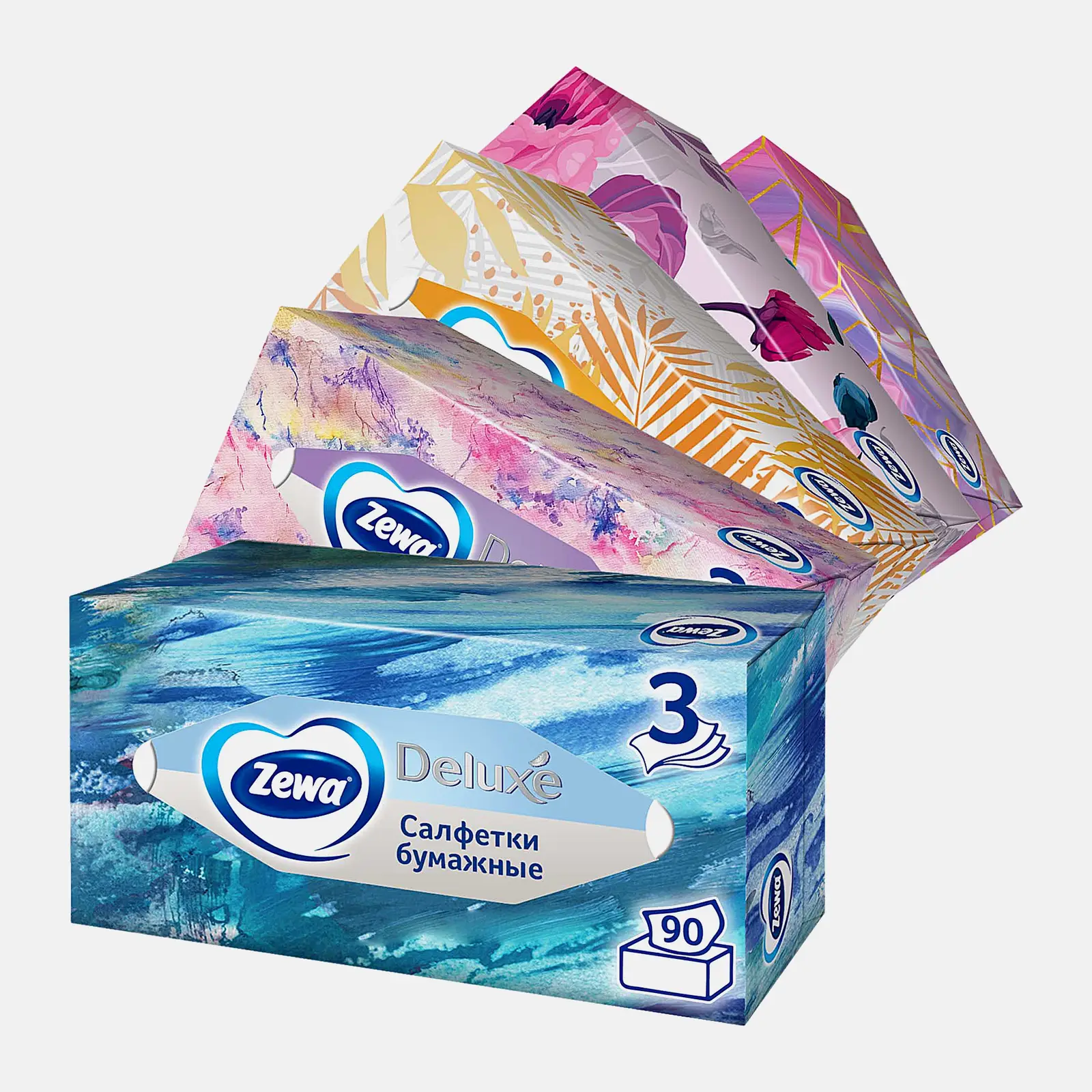 Салфетки бумажные Zewa Deluxe Design 3 слоя 90шт в ассортименте