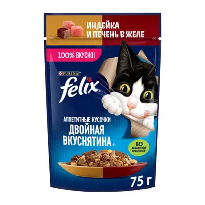 Изображение товара Влажный корм для кошек Двойная вкуснятина с индейкой и печенью в желе Felix 75г