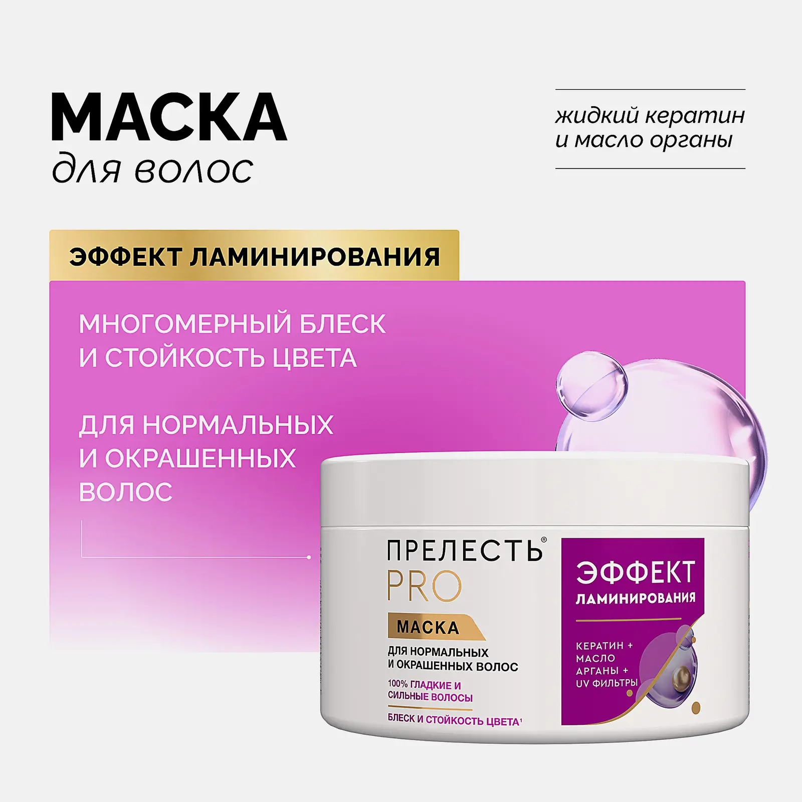 Маска для волос с кератином Эффект ламинирования Прелесть Pro 500мл