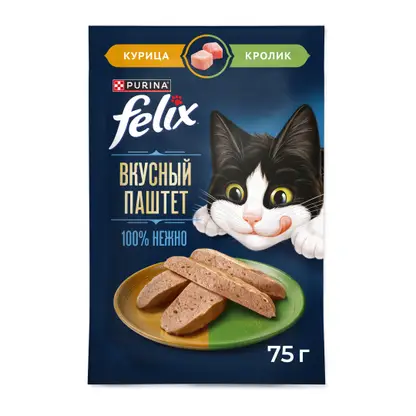 Изображение товара Влажный корм для взрослых кошек паштет с курицей и кроликом Felix 75г