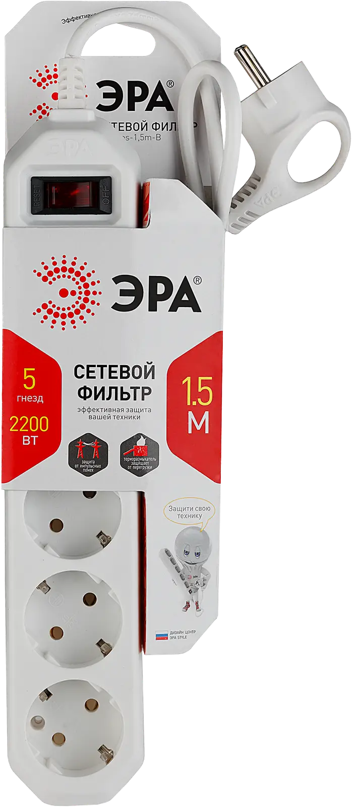 Сетевой фильтр Эра 5 розеток 10А 2200Вт 1,5м