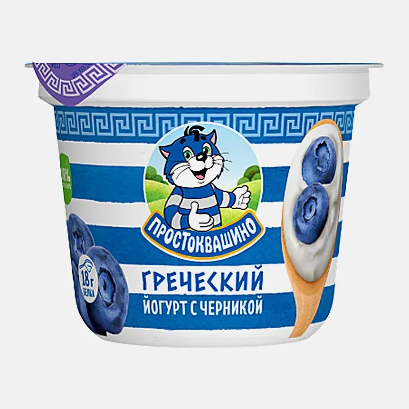 Изображение товара Греческий йогурт с черникой Простоквашино 1.8% 230г натуральный продукт