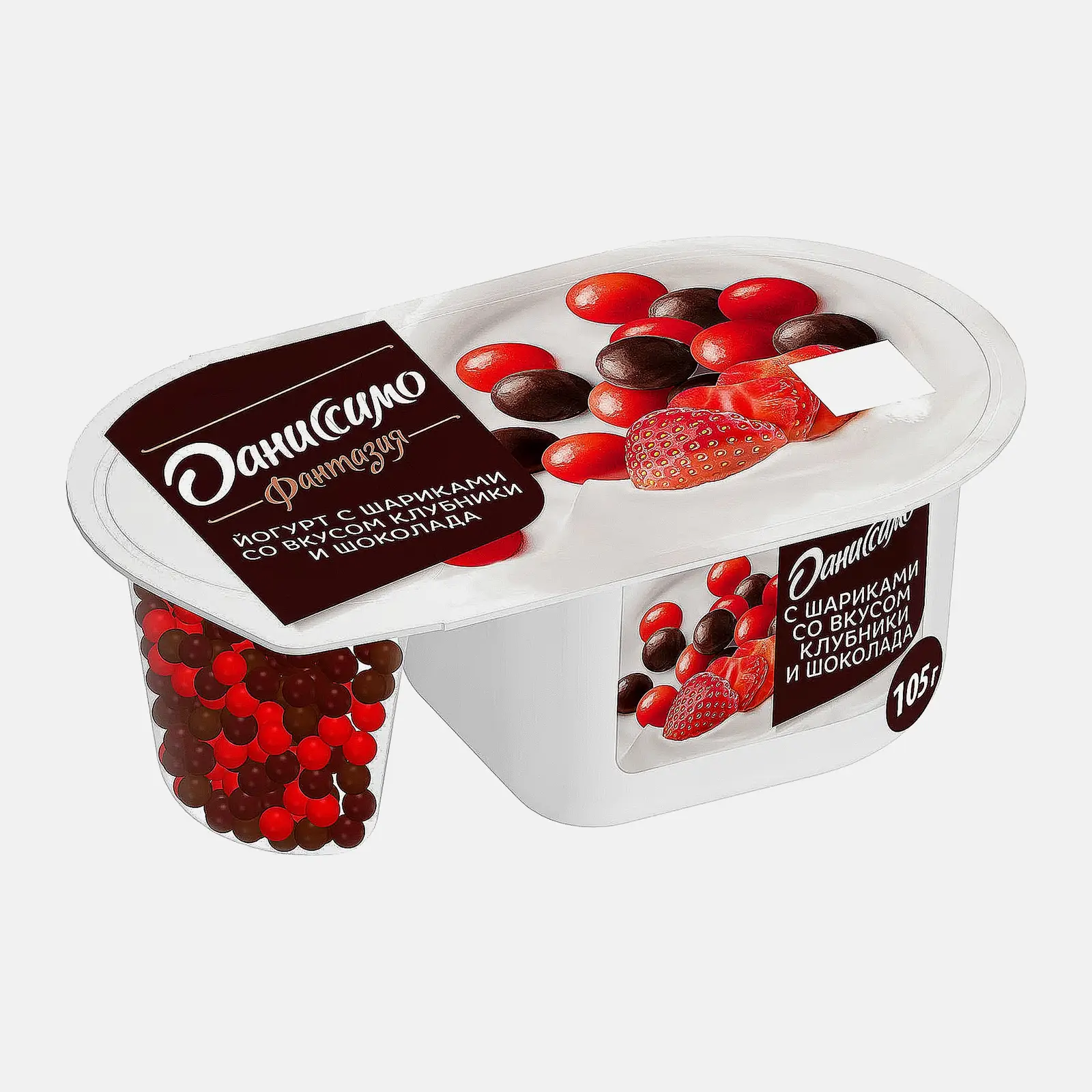 Изображение товара Йогурт Danissimo с хрустящими рисовыми шариками и вкусом клубники и шоколада 105г