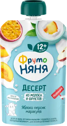 Изображение товара Молочный десерт со вкусом яблока персика и маракуйи Фрутоняня 90 г для детей 12+