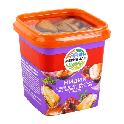 Изображение товара Мидии Меридиан в масле с вялеными томатами чесноком 270 г