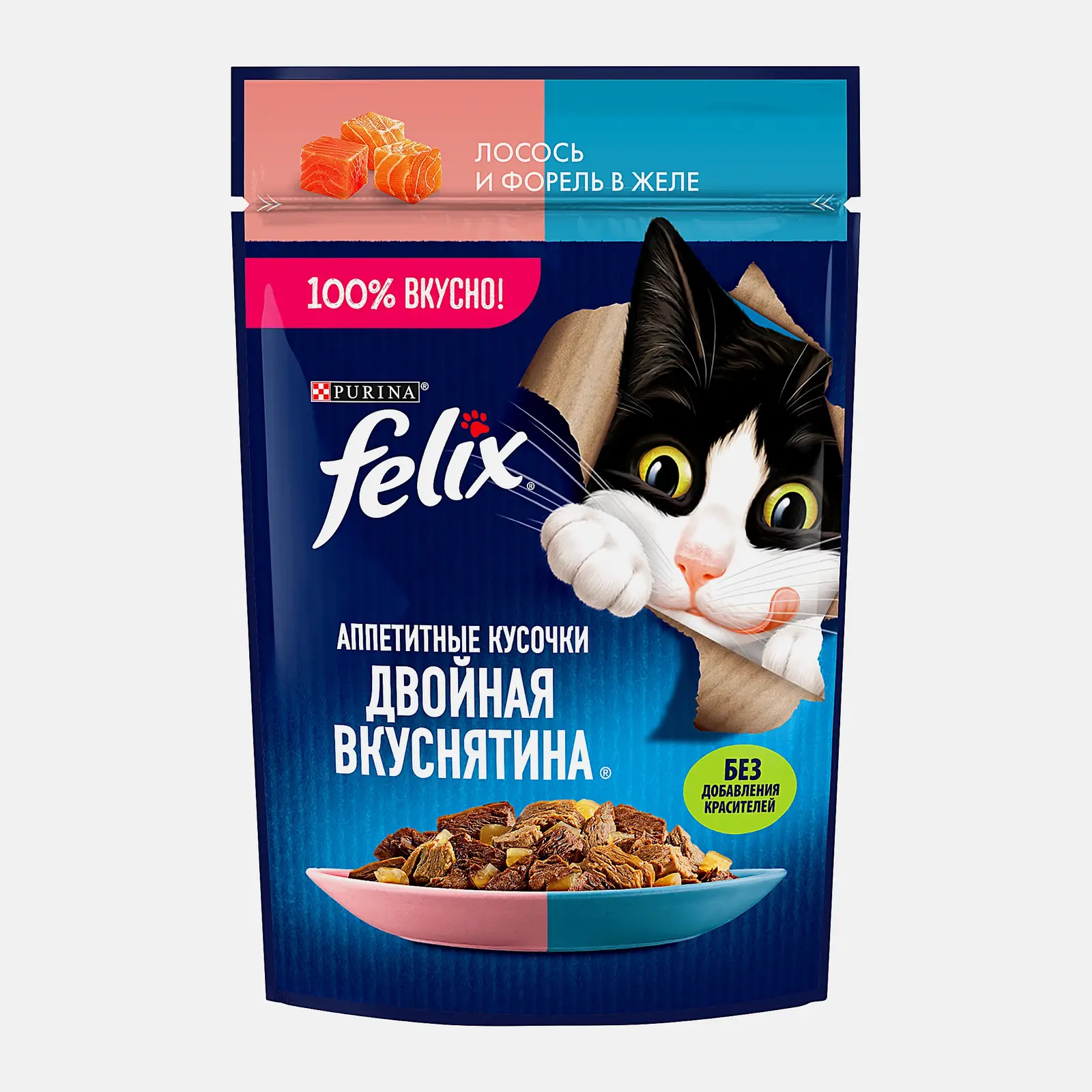 Влажный корм для кошек Двойная вкуснятина с лососем и форелью в желе Felix 75г