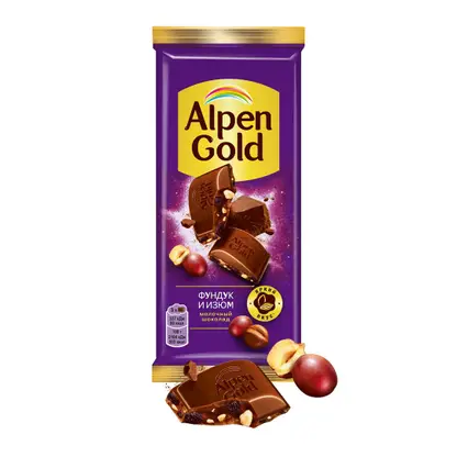 Изображение товара Молочный шоколад с фундуком и изюмом Alpen Gold 80г