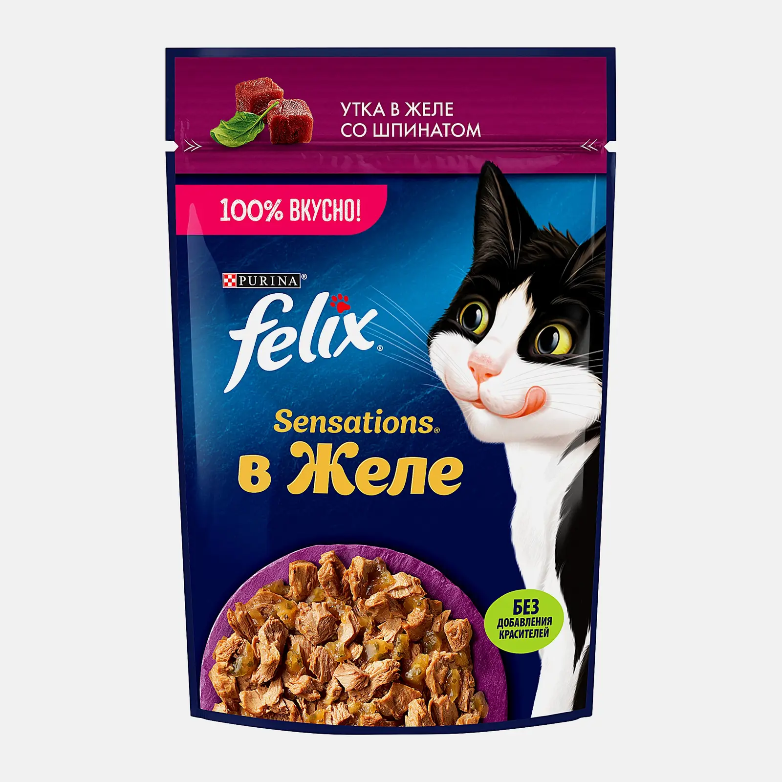 Влажный корм для кошек Felix Sensations Утка в желе со шпинатом 75г