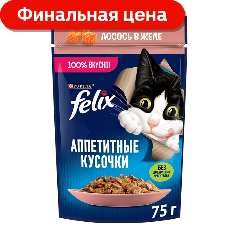 Влажный корм для кошек Felix Аппетитные кусочки с лососем в желе 75г