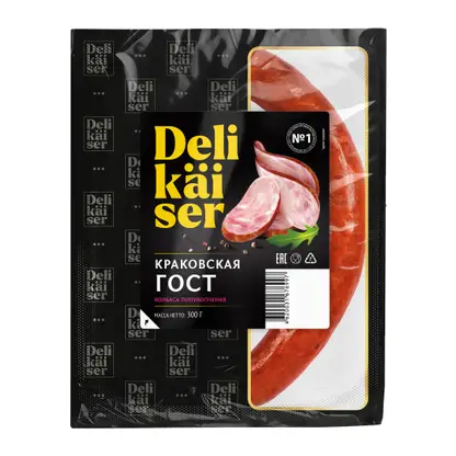 Изображение товара Колбаса Delikaiser Краковская полукопченая 300 г свинина говядина