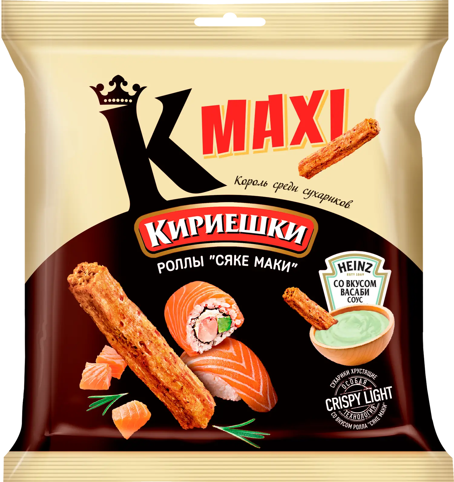 Сухарики Кириешки Maxi Сяке маки + соус васаби 75г — в каталоге на сайте  сети Магнит | Краснодар