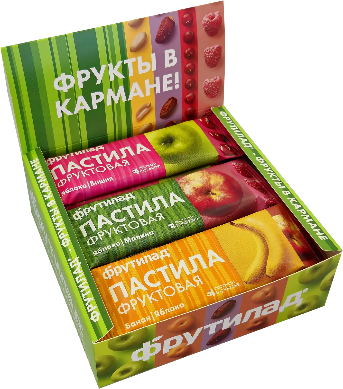 Изображение товара Пастила со вкусом яблоко-вишня-малина/банан-яблоко 30г Фрутилад ассортимент