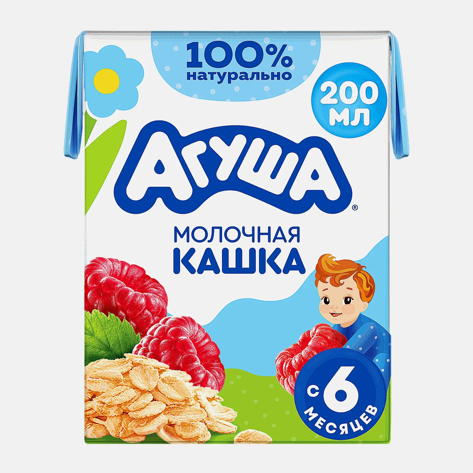 Изображение товара Каша Агуша Вставай-ка молочно-овсяная с малиной 2.5% 200мл