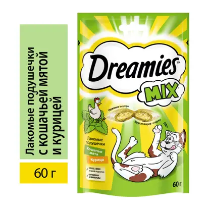 Изображение товара Лакомство для кошек Dreamies с мятой и курицей 60 г - вкусные хрустящие подушечки для питомцев