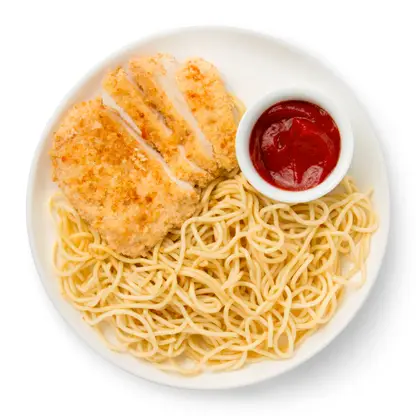 Изображение товара Шницель из индейки со спагетти и кетчупом 290 г Вилочка