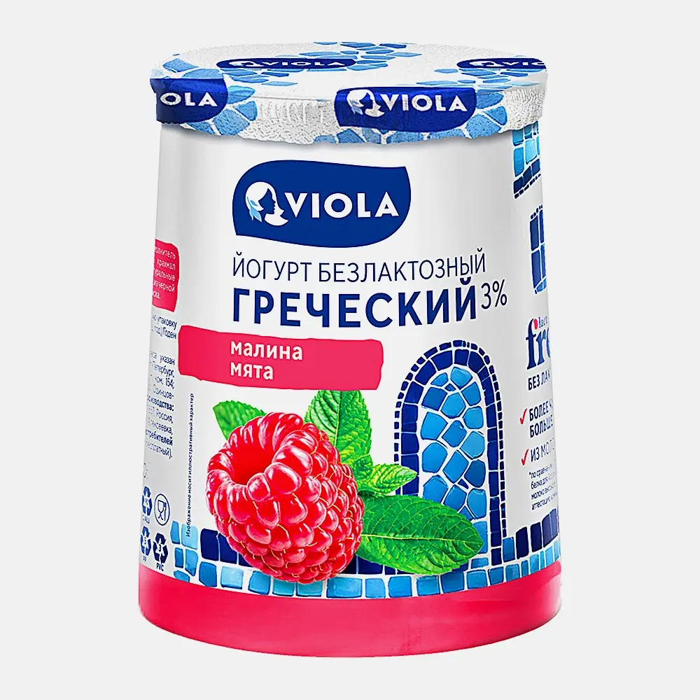 Йогурт греческий безлактозный малина и мята Виола 3% 140г