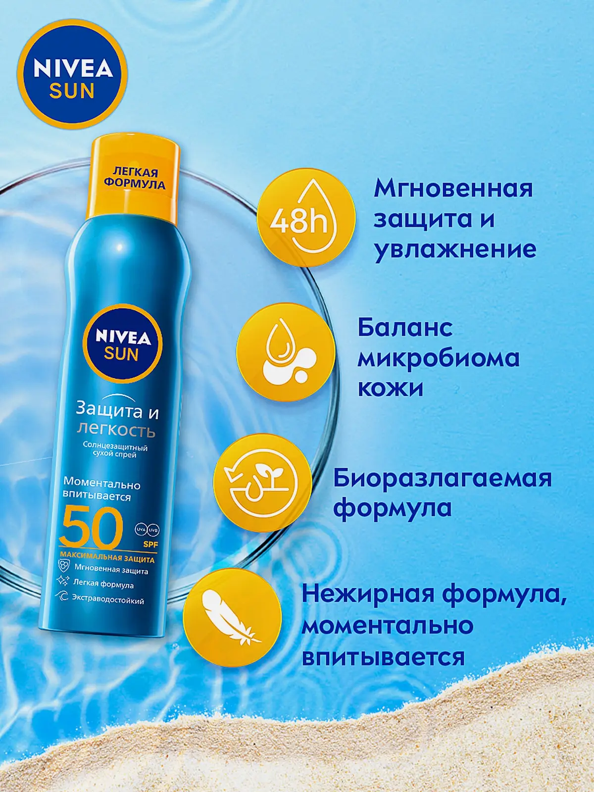 Солнцезащитный спрей Защита и прохлада SPF50 водостойкий NIVEA Sun 200мл