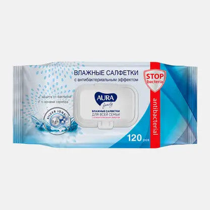 Влажные салфетки Aura Family Антибактериальные 120шт