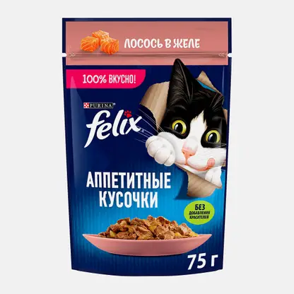Влажный корм для кошек Аппетитные кусочки с лососем в желе Felix 75г