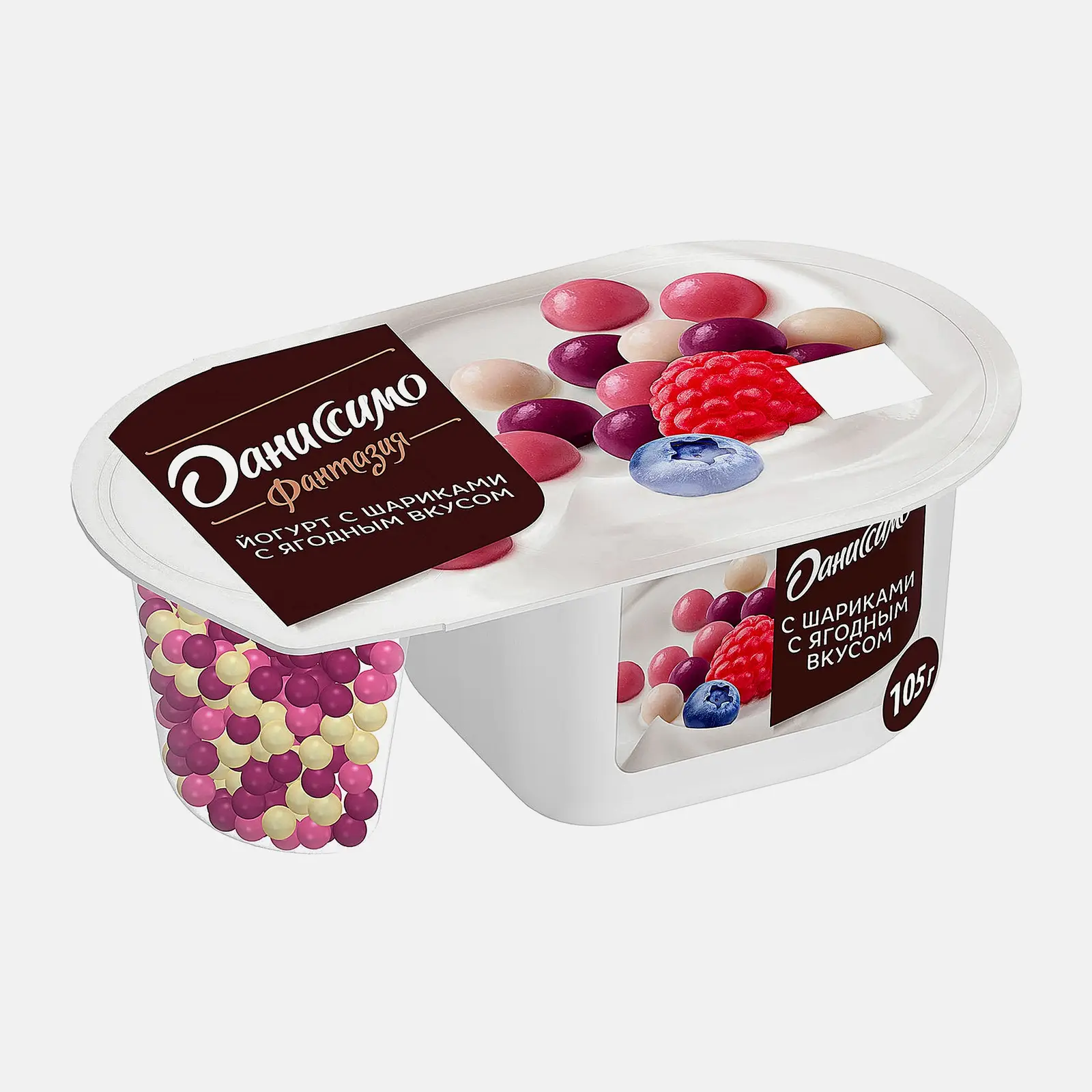 Изображение товара Йогурт Даниссимо Фантазия с хрустящими шариками и ягодным вкусом 105 г