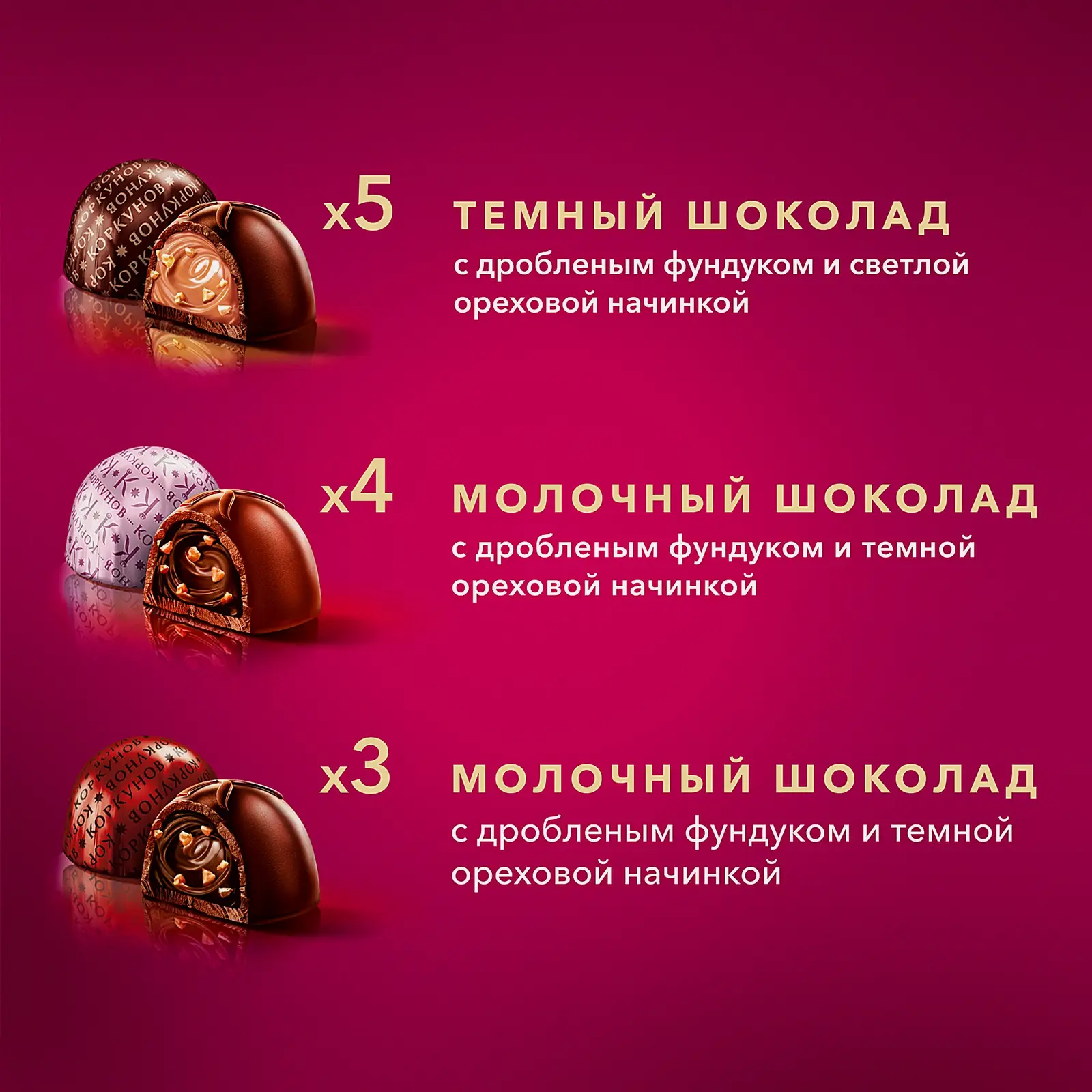 Большая коллекция шоколадных конфет Коркунов из темного и молочного шоколада с фундуком карамелизированными грецким орехом миндалем и вафельной крошкой 256г - фото 4
