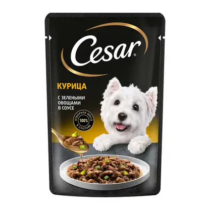 Изображение товара Влажный корм для собак с курицей и зелеными овощами в соусе Cesar 85г Изображение товара Влажный корм для собак с курицей и зелеными овощами в соусе Cesar 85г