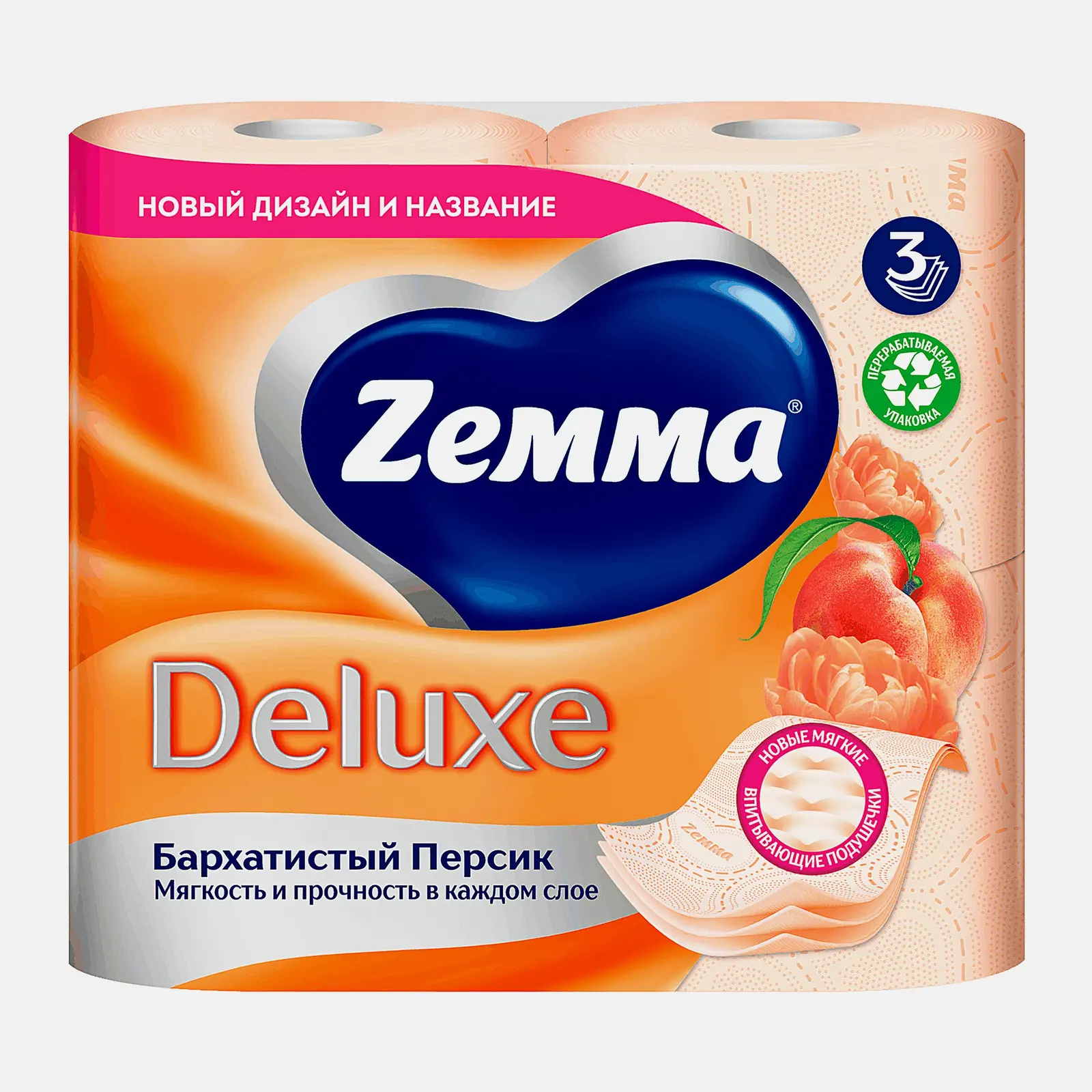 Туалетная бумага Персиковая Deluxe Zemma 4 рулона 3 слоя