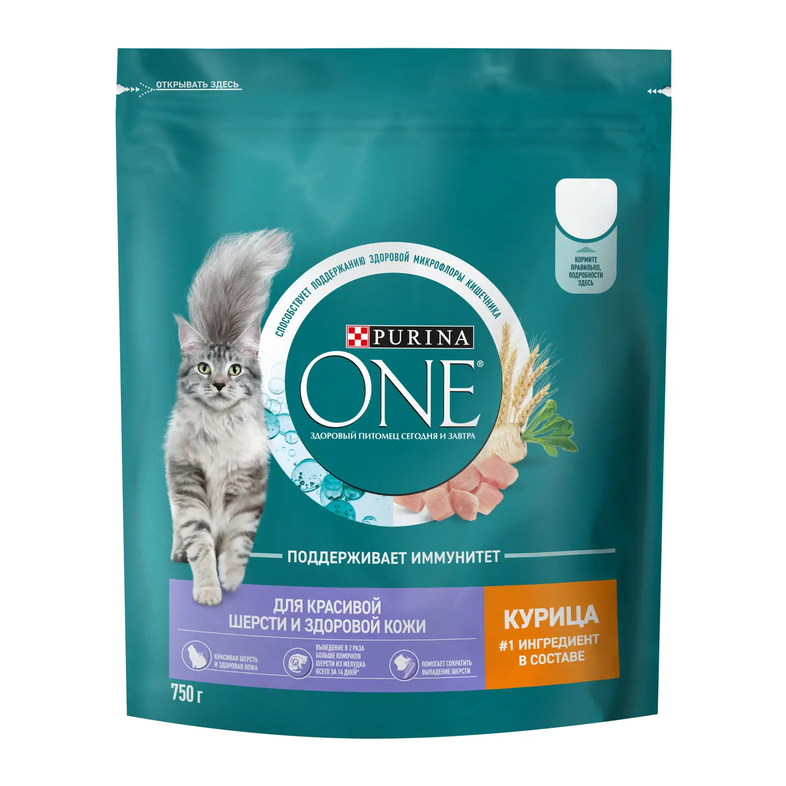 Сухой корм для кошек Purina One для здоровья кожи и шерсти с курицей и цельными злаками 750г