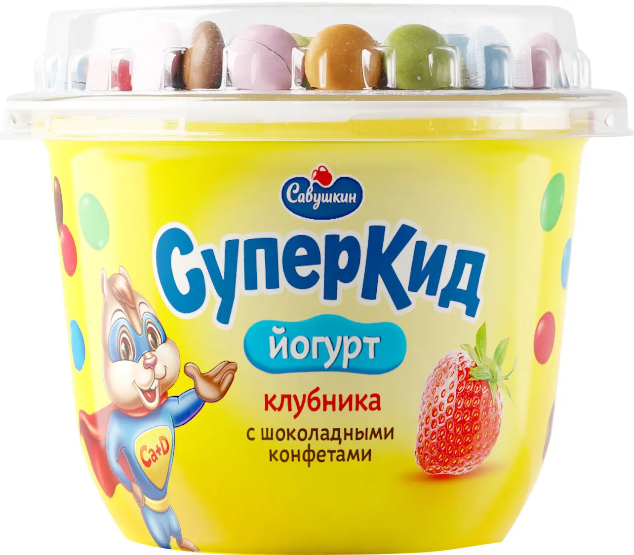 Йогурт Суперкид Клубника с шоколадными конфетами 2% 103г - Магнит-Продукты