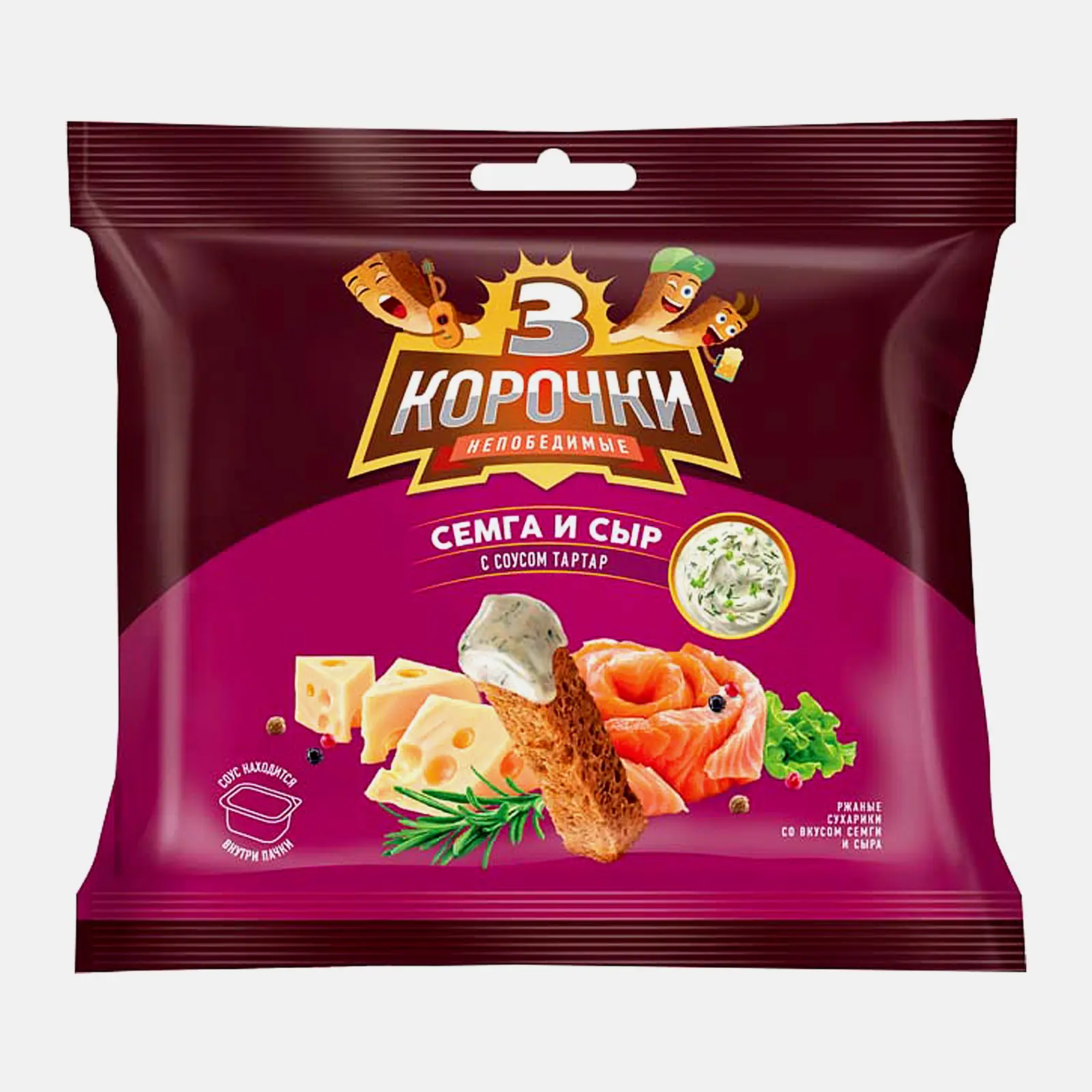 Изображение товара Сухарики Три корочки Семга и сыр 60г с соусом тартар 25мл