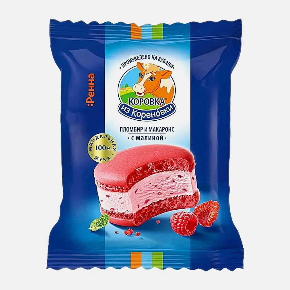 Изображение товара Мороженое Макаронс с малиной Коровка из Кореновки 70 г вкусное и натуральное