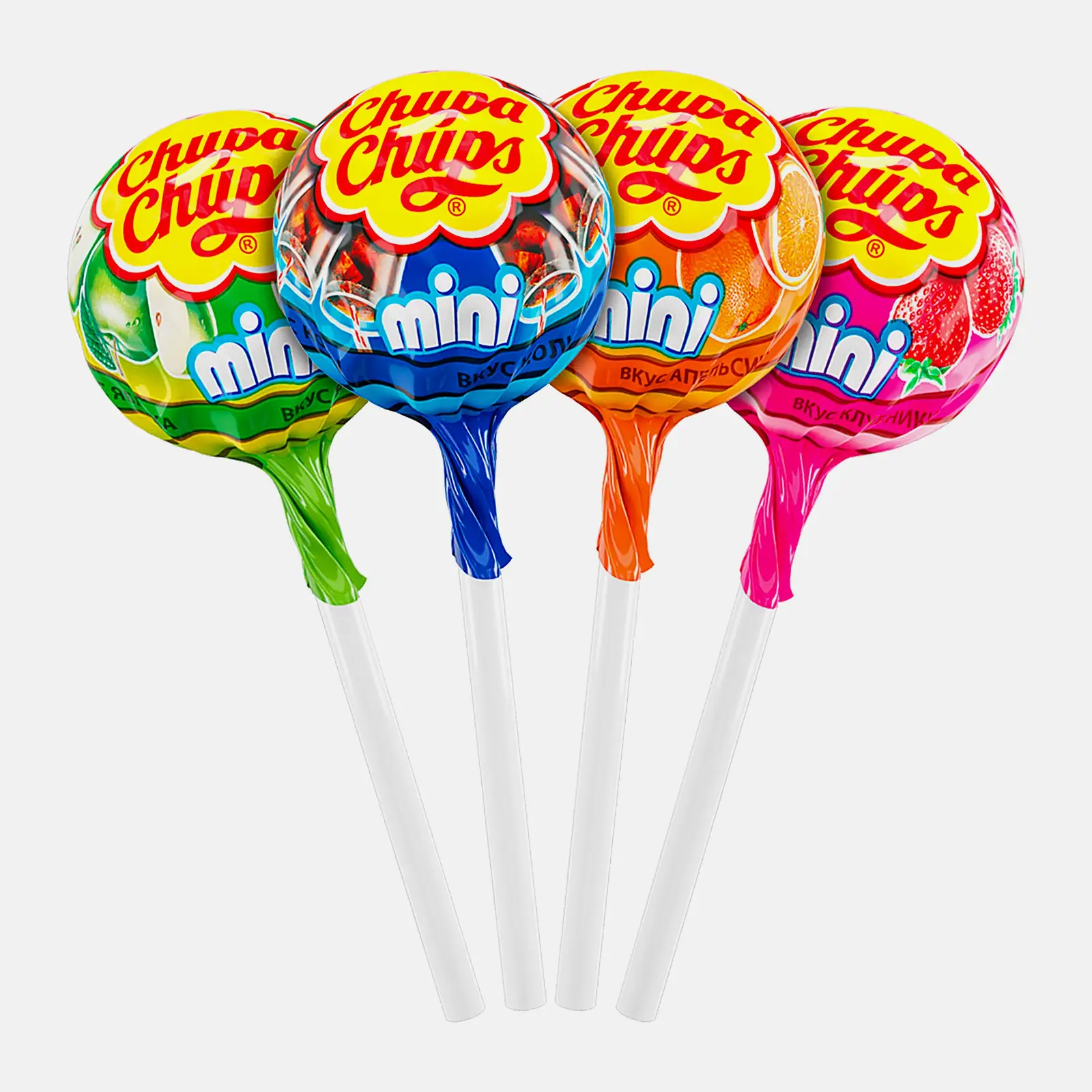 Изображение товара Карамель на палочке Chupa Chups мини со вкусами клубники, яблока, апельсина, колы - 0.3 кг