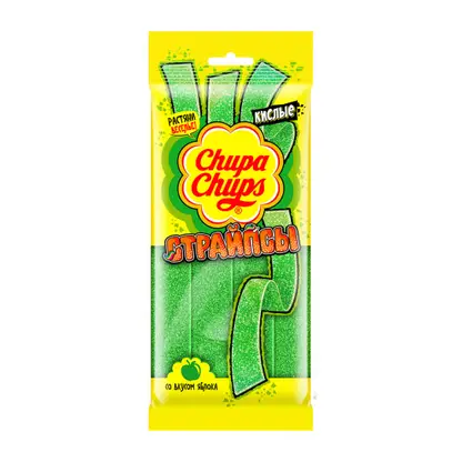 Изображение товара Жевательный мармелад Страйпсы со вкусом яблока Chupa Chups 120г Изображение товара Жевательный мармелад Страйпсы со вкусом яблока Chupa Chups 120г