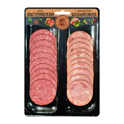 Изображение товара Сервелат Австрийский варено-копченый и колбаса Балыковая полукопченая в нарезке Мясная история 90г