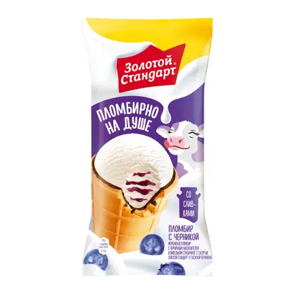 Изображение товара Мороженое Золотой Стандарт пломбир с таежной черникой в вафельном стаканчике 93г