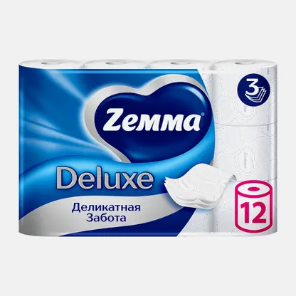 Туалетная бумага белая Deluxe Zemma 12 рулонов 3 слоя в ассортименте