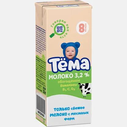 Молоко Тема ультрапастеризованное обогащённое витаминами 3.2% 200мл
