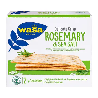 Изображение товара Хлебцы Delicate Crisp пшеничные тонкие с розмарином и морской солью Wasa 190г Изображение товара Хлебцы Delicate Crisp пшеничные тонкие с розмарином и морской солью Wasa 190г