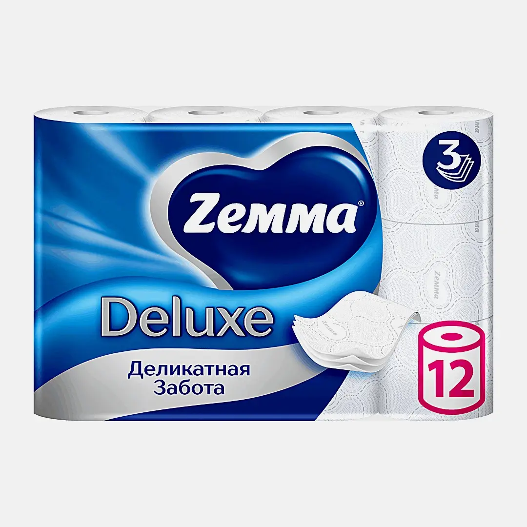 Туалетная бумага белая Deluxe Zemma 12 рулонов 3 слоя в ассортименте