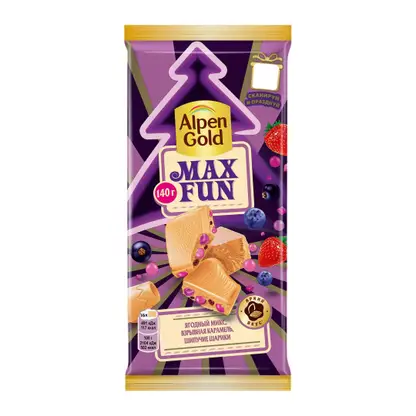 Изображение товара Шоколад Alpen Gold Max Fun белый ягодный микс взрывная карамель шипучие шарики 140г