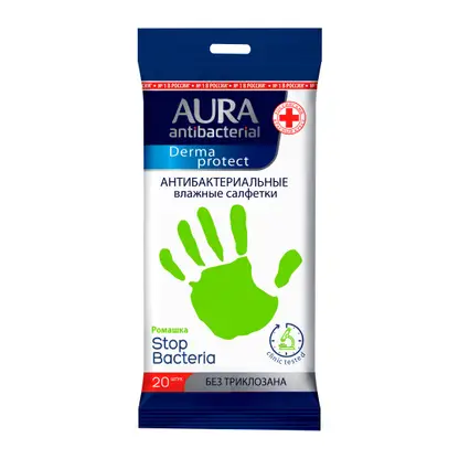 Изображение товара Влажные антибактериальные салфетки Aura Derma Protect 20 шт карманный формат