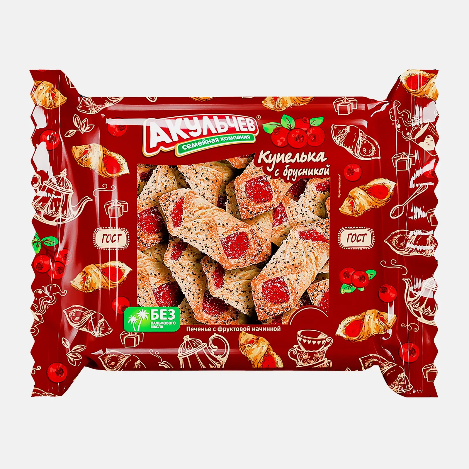 Изображение товара Печенье Акульчев Купелька с брусникой 400 г с фруктовым вкусом и натуральными ингредиентами