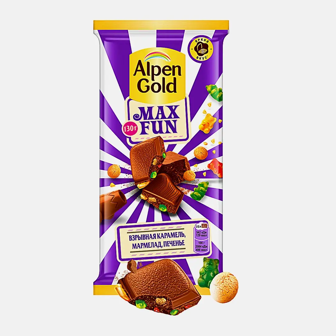 Шоколад Alpen Gold Max Fun Взрывная карамель мармелад печенье 130г Шоколад Alpen Gold Max Fun Взрывная карамель мармелад печенье 130г