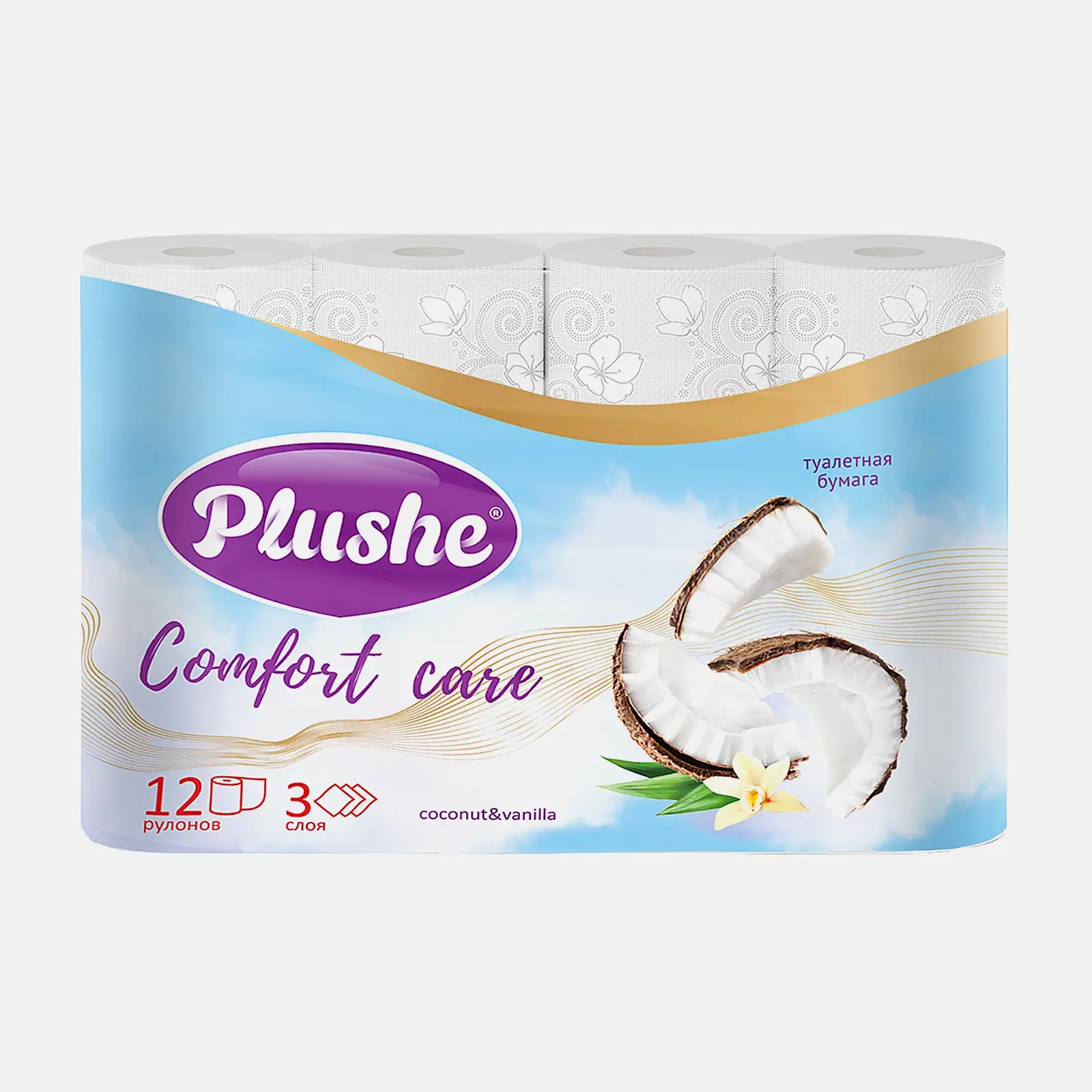 Туалетная бумага Plushe Comfort Кокос/Лилия/Нектарин 3 слоя 12 рулона в ассортименте Туалетная бумага Plushe Comfort Кокос/Лилия/Нектарин 3 слоя 12 рулона в ассортименте