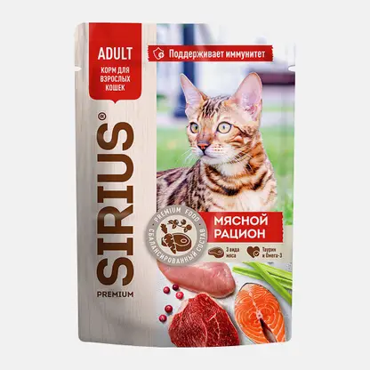 Влажный корм для кошек Мясной рацион кусочки в соусе Sirius 85г